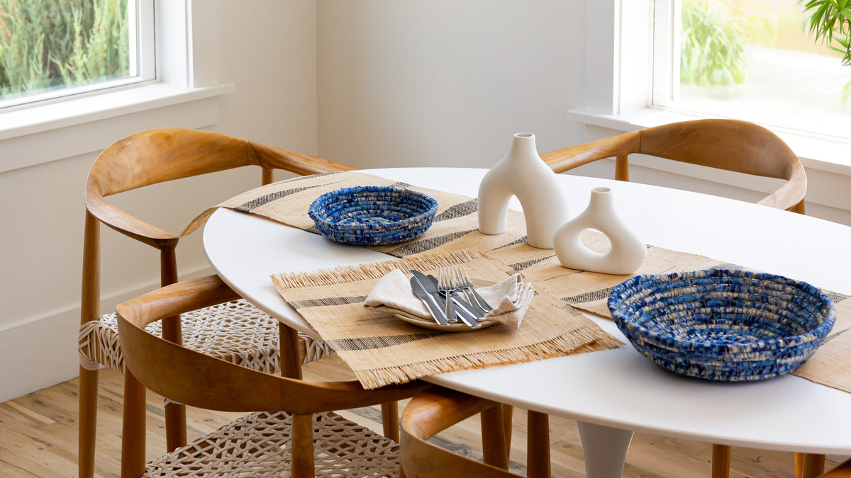 Handwoven chevron patterned raffia table runner and placemats, fair trade, wildlife friendly