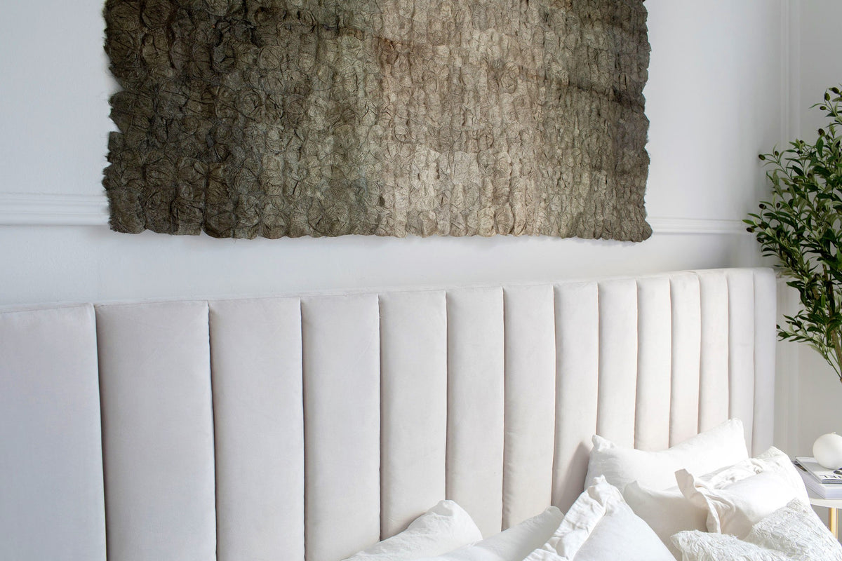 Ethically made fair trade naturally dyed Madagascar wild silk wall hanging wall art wall decor tapestry. Sage green, silver gray, linen-colored silk. Large headboard artwork 30"x60" or 39"x118".