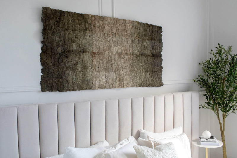 Ethically made fair trade naturally dyed Madagascar wild silk wall hanging wall art wall decor tapestry. Sage green, silver gray, linen-colored silk. Large headboard artwork 30"x60" or 39"x118".