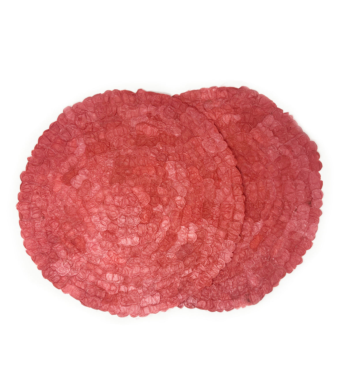 Handmade fair trade sustainably sourced ecofriendly Madagascar silk charger placemat, set of 2, terracotta rose red coral pink