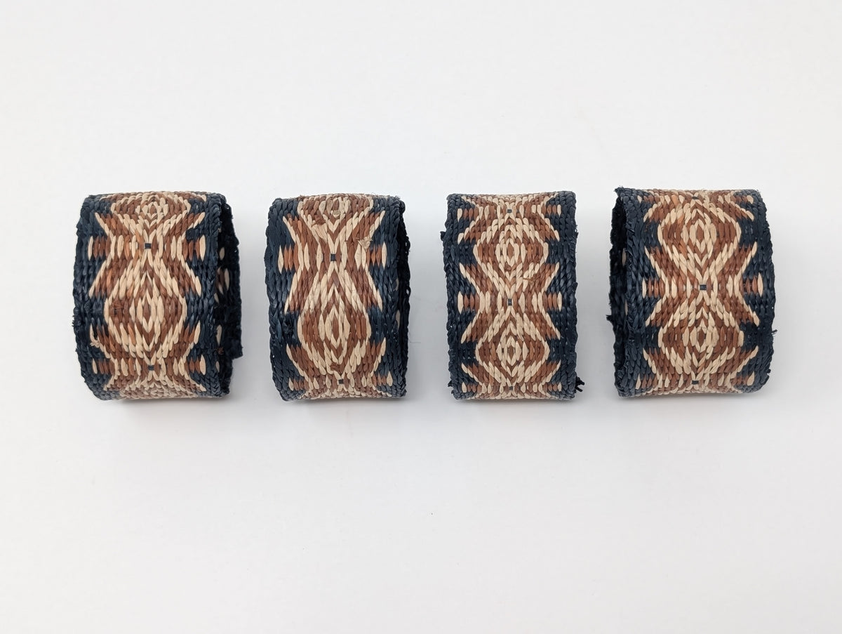 Handwoven raffia napkin ring set of 4, fair trade, wildlife friendly, ecofriendly, handmade, black brown and natural, home decor, table decor.
