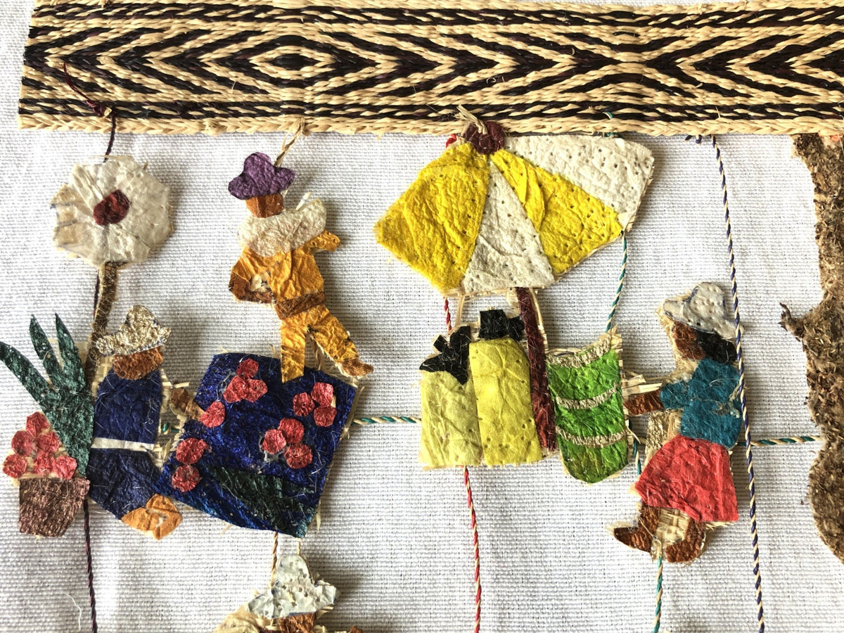 Handmade collage wall hanging artwork colorful village people, 24"x36" intricate detail, Madagascar cocoon silk and raffia, one of a kind original.