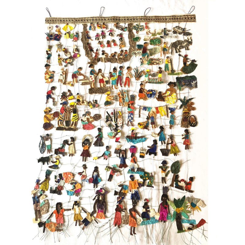 Handmade collage wall hanging artwork colorful village people, 24"x36" intricate detail, Madagascar cocoon silk and raffia, one of a kind original.