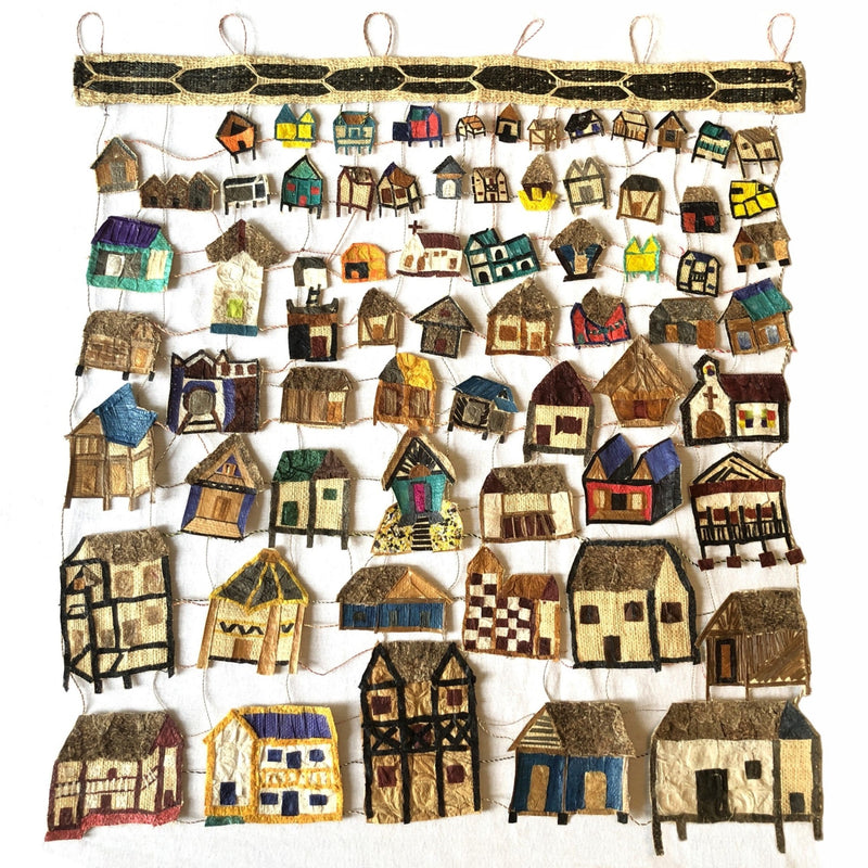 Handmade collage wall hanging artwork colorful village houses, 24"x24" intricate detail, Madagascar cocoon silk and raffia, one of a kind original.