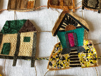 Handmade collage wall hanging artwork colorful village houses, 24"x24" intricate detail, Madagascar cocoon silk and raffia, one of a kind original.