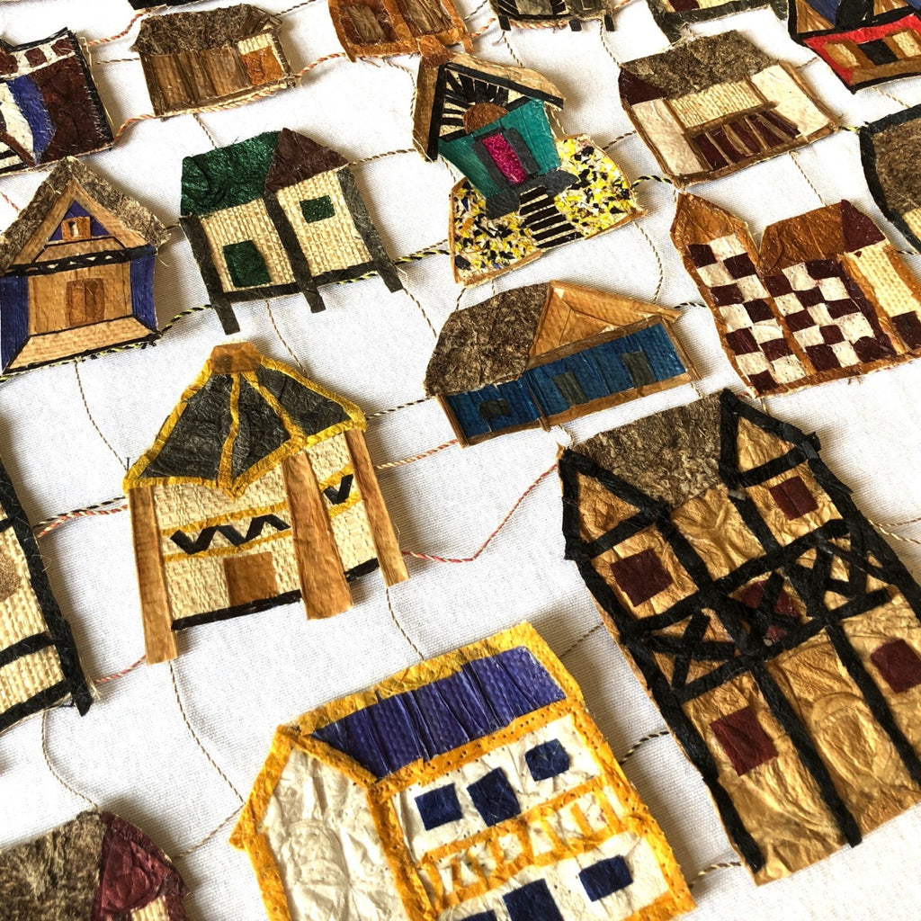 Handmade collage wall hanging artwork colorful village houses, 24"x24" intricate detail, Madagascar cocoon silk and raffia, one of a kind original.
