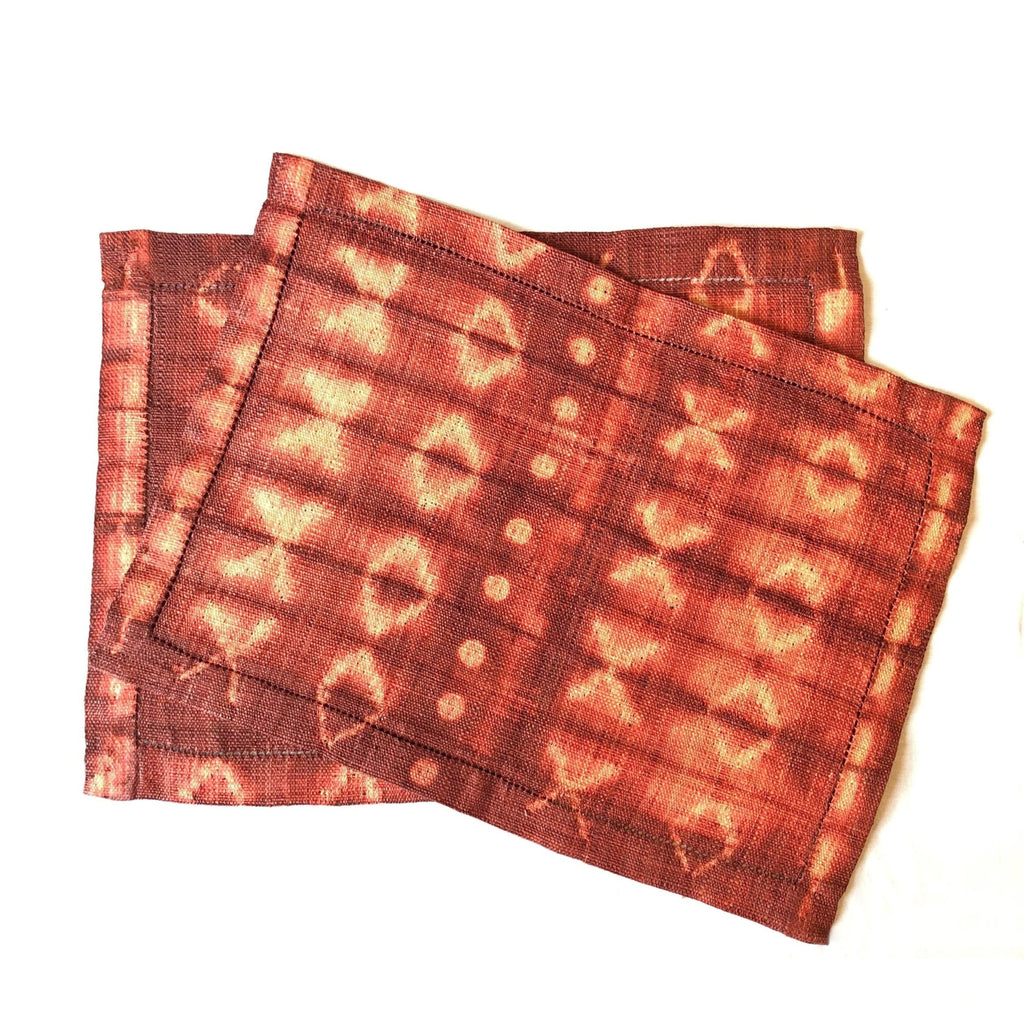 Ethically made fair trade handmade Madagascar raffia placemats warm earthy rust coral red and tan linen color earthy colors home decor modern rustic, 14"x19"