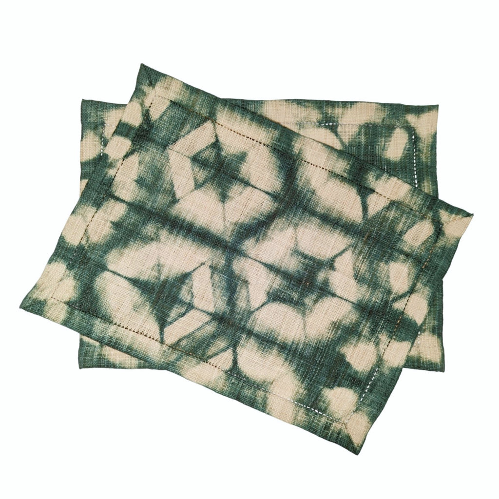 Fair trade handmade ecofriendly raffia placemat set, shibori dyed, grass green, 14"x19", sustainable home decor, artisan crafted