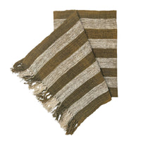 Handwoven Madagascar wild silk scarf. Olive green and white stripe. Naturally dyed, handmade, fair trade, and wildlife friendly.