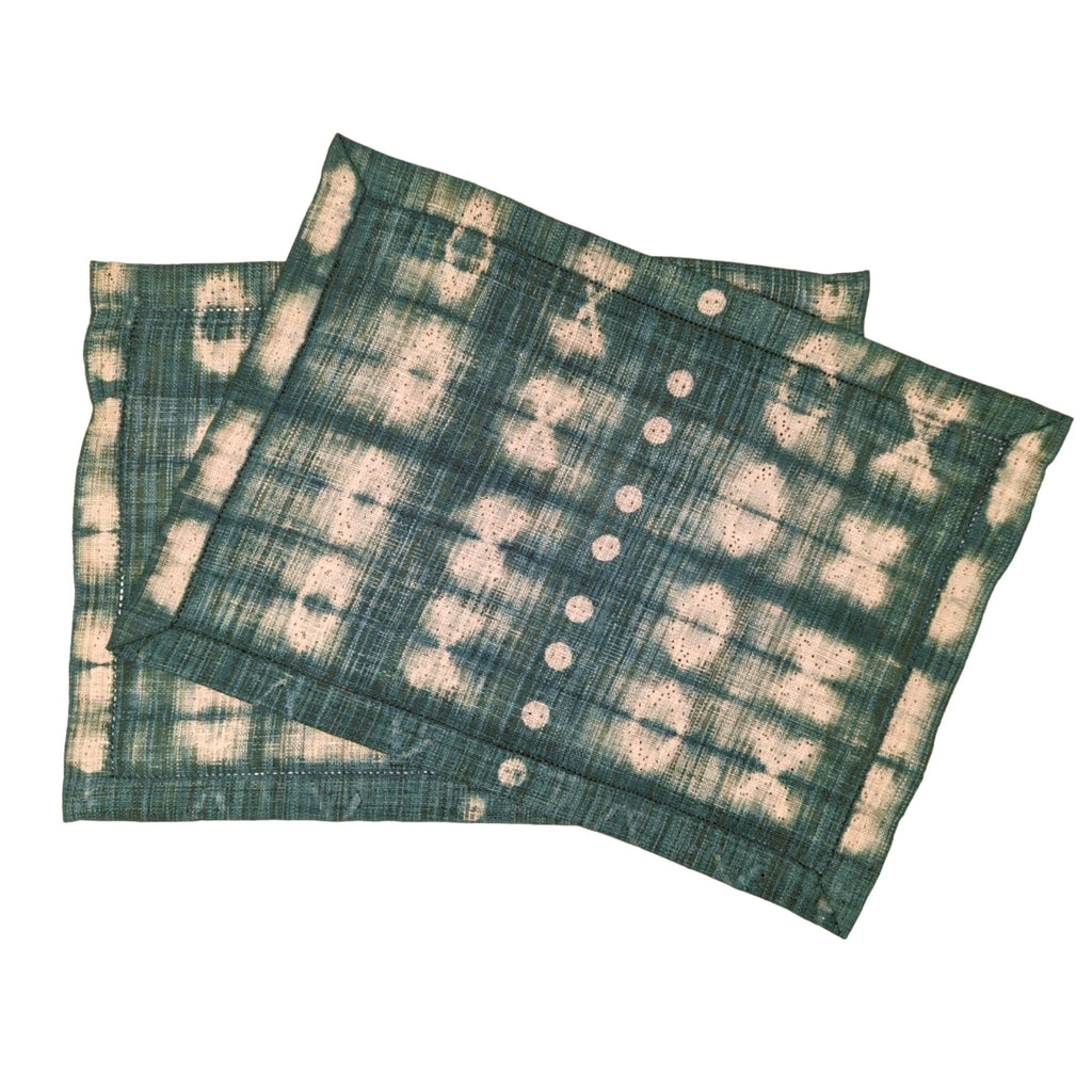 Handmade fair trade green raffia placemats, shibori dyed, artisan crafted. 14"x19" pair of two.