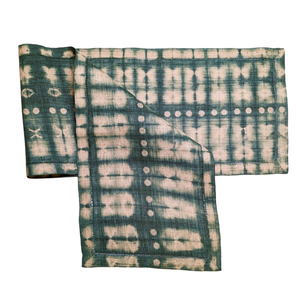 Ethically made handmade fair trade Madagascar raffia table runner verdant grass green and tan natural linen color shibori dyed home decor, modern rustic nature-inspired table decor, XO patterned