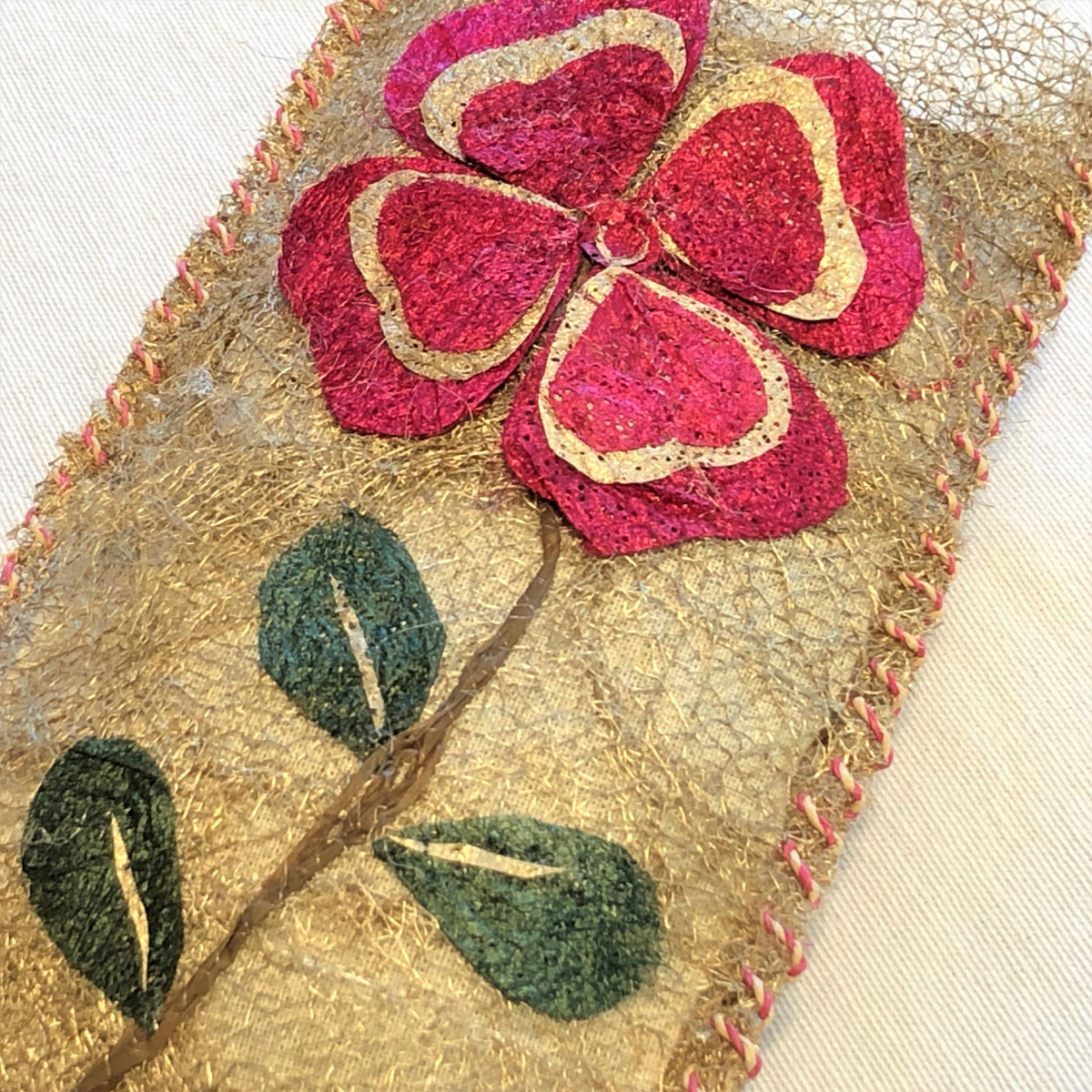 Handmade fair trade Madagascar wild silk lavender sachet with flower art collage, refillable, periwinkle flower design