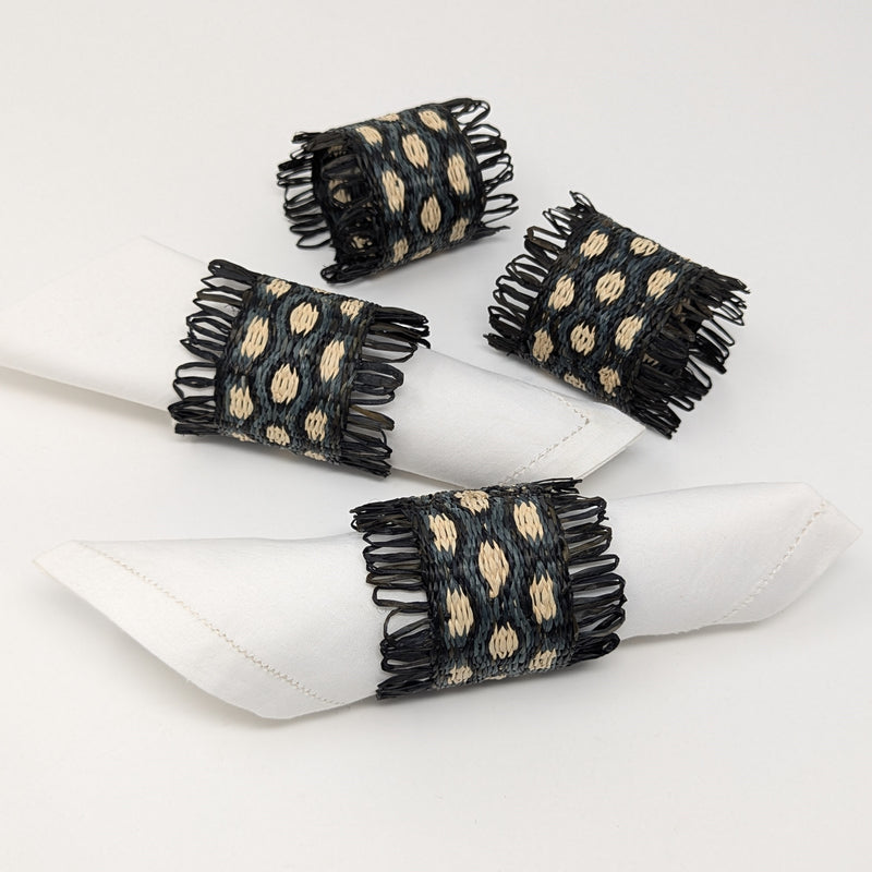 Handwoven raffia napkin ring set of 4, fair trade, wildlife friendly, ecofriendly, handmade, black grey natural, home decor, table decor.