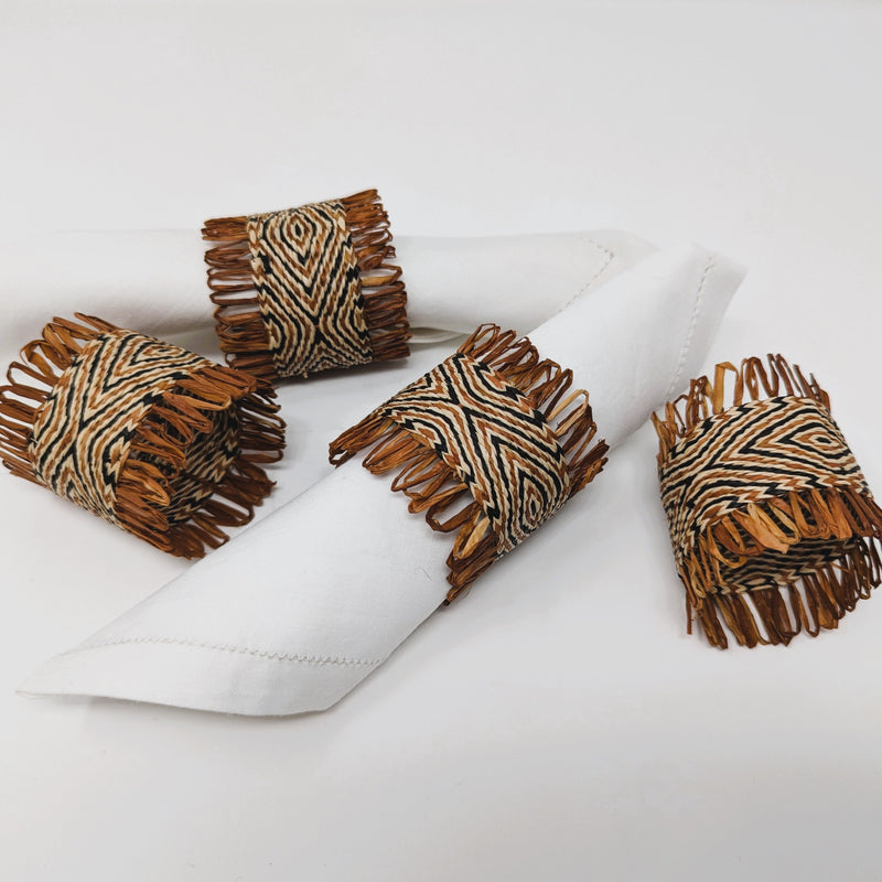 Handwoven raffia napkin ring set of 4, fair trade, wildlife friendly, ecofriendly, handmade, warm rust brown black natural, home decor, table decor.