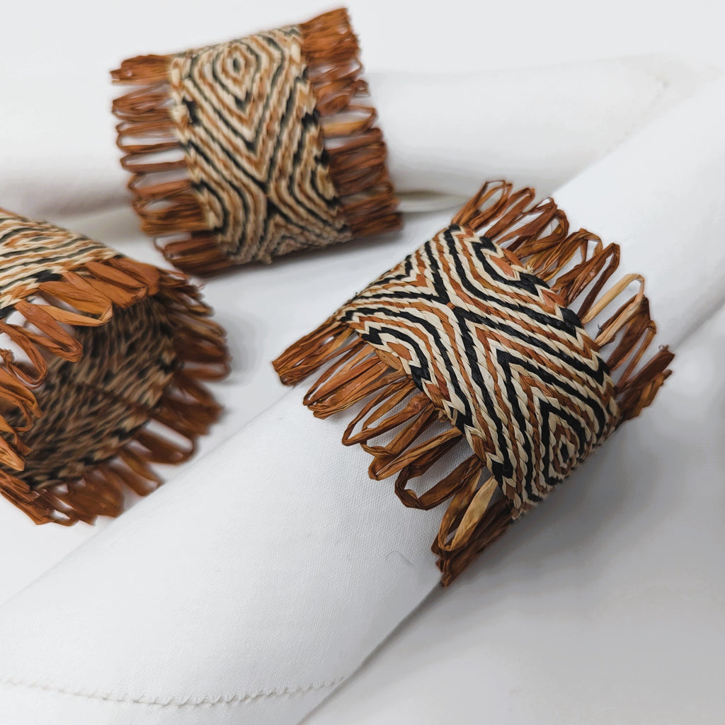 Handwoven raffia napkin ring set of 4, fair trade, wildlife friendly, ecofriendly, handmade, warm rust brown black natural, home decor, table decor.