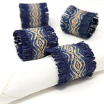 Handwoven raffia napkin ring set of 4, fair trade, wildlife friendly, ecofriendly, handmade, coastal navy blue and natural, home decor, table decor.