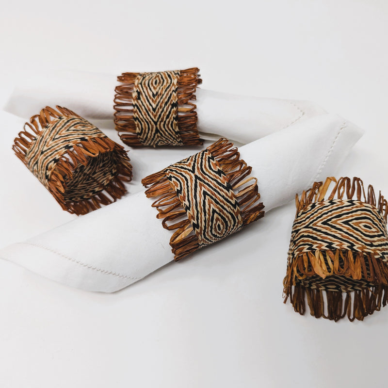 Handwoven raffia napkin ring set of 4, fair trade, wildlife friendly, ecofriendly, handmade, warm rust brown black natural, home decor, table decor.