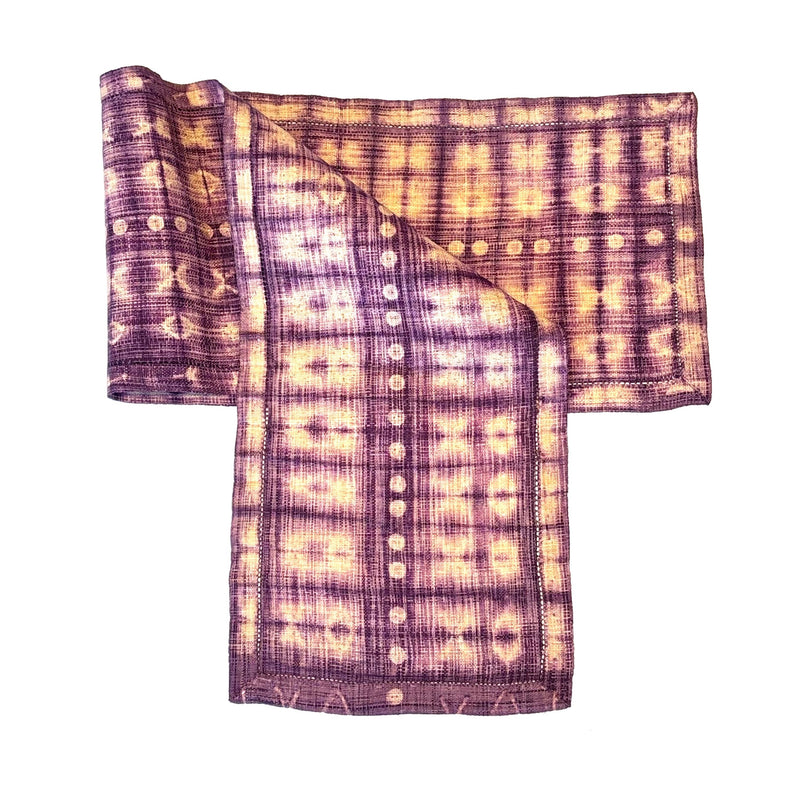 Shibori-Dyed Raffia Table Runner, handmade, fair trade, boysenberry fuschia purple with light tan in an elegant pattern.