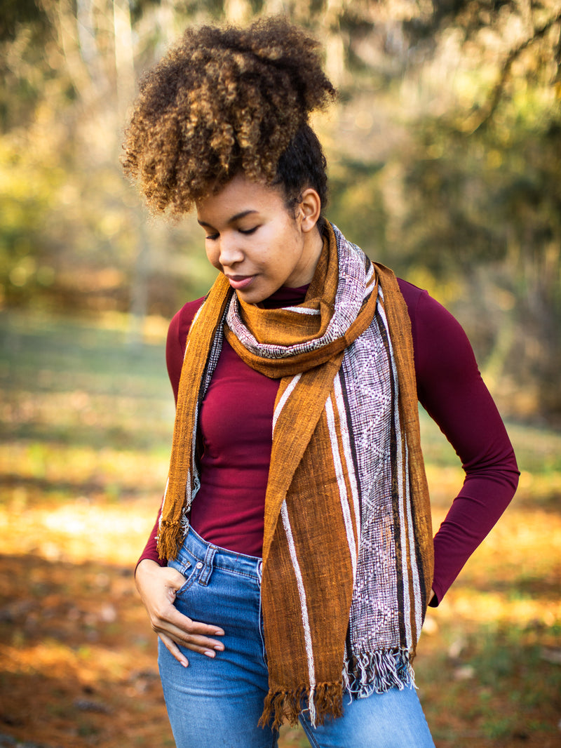 Rare Handwoven Handmade Fair Trade Madagascar Wild Raw Silk Scarf Naturally Dyed with Turmeric Golden Yellow Rust Brown White Black Hand Patterned Unisex Women Mens Scarf