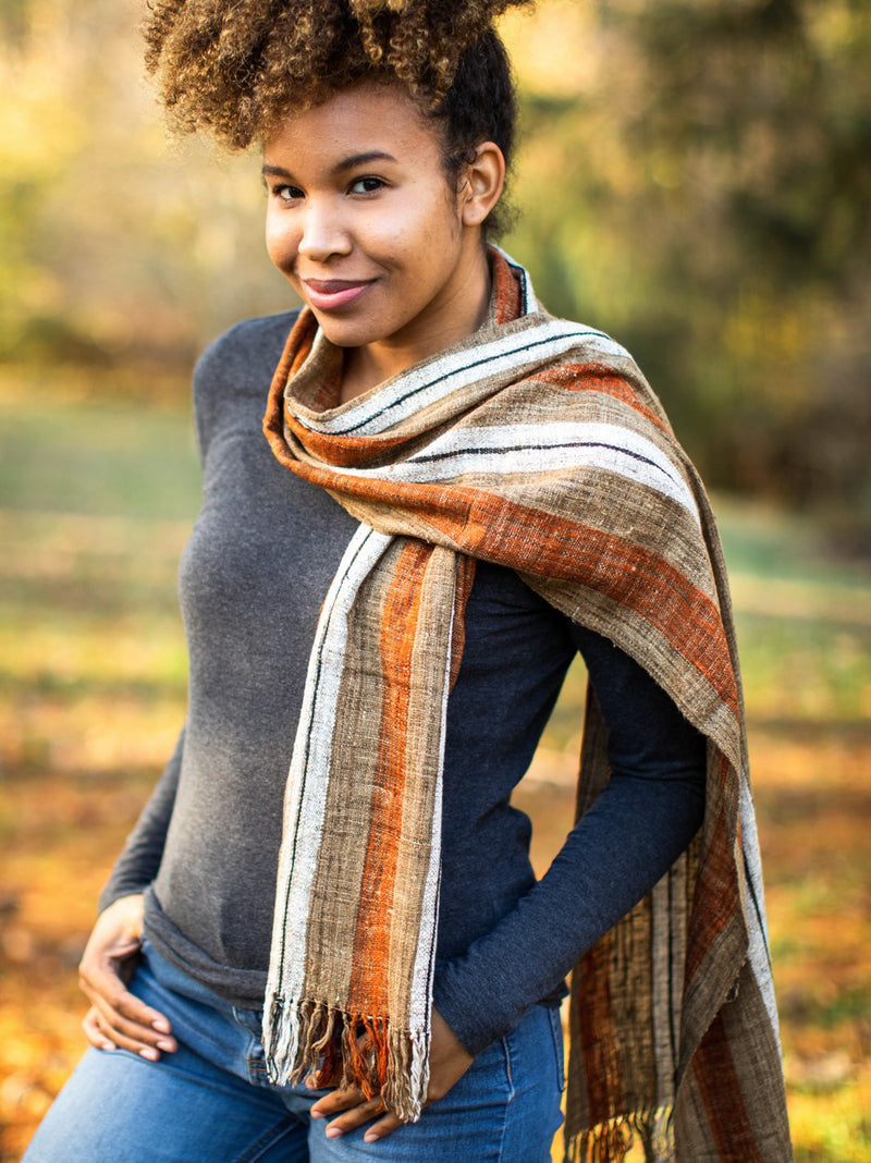 Handwoven Fair Trade Earth Toned Rust Orange Brown Linen-Colored White Black Striped Madagascar Wild Silk Scarf Unisex Women or Men
