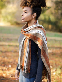Handwoven Fair Trade Earth Toned Rust Orange Brown Linen-Colored White Black Striped Madagascar Wild Silk Scarf Unisex Women or Men