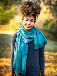 Unique Handwoven Handmade Fair Trade Madagascar Wild Raw Silk Scarf Teal Turquoise Blue Subtle Stripe Unisex Women Mens Scarf