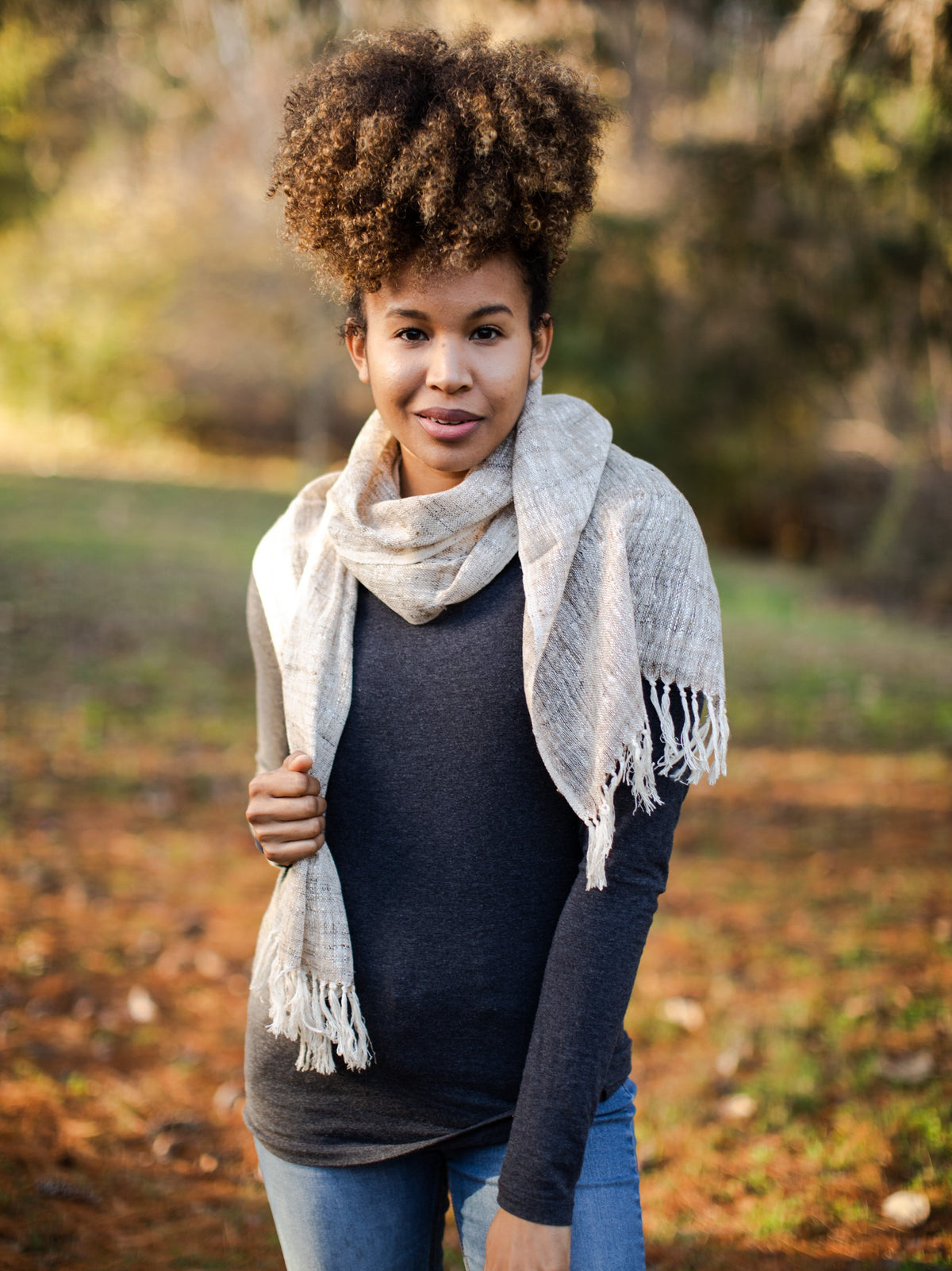 100% Natural Undyed Organic Wild Silk Hand Woven Scarf for Women and Men, White and Linen Colored