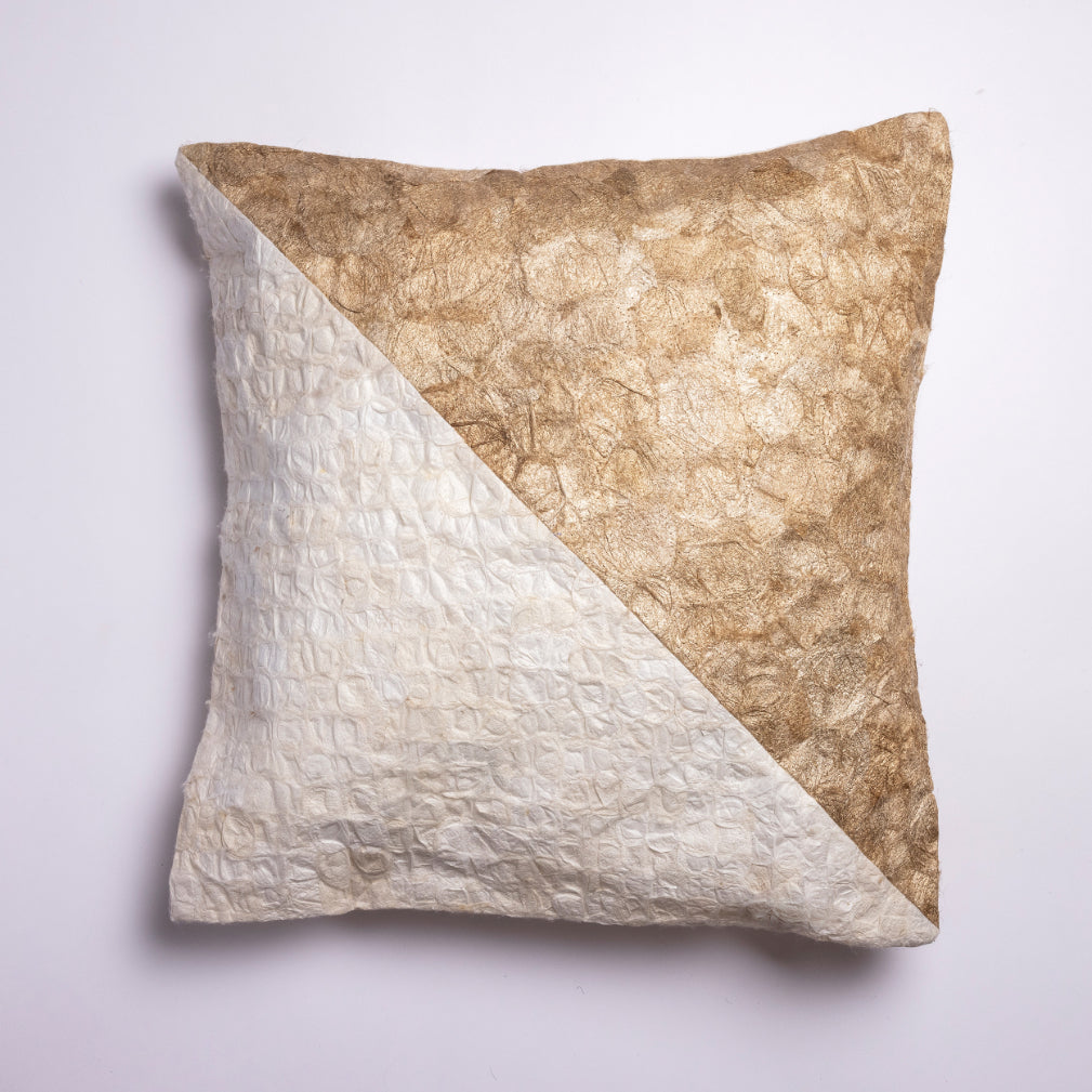 White and linen-colored handmade fair trade wild silk throw pillow cover with diagonal pattern, all natural undyed Madagascar silk