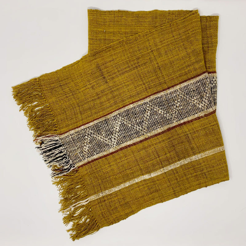 Rare Handwoven Handmade Fair Trade Madagascar Wild Raw Silk Scarf Naturally Dyed with Turmeric  Golden Yellow Rust Brown White Black Hand Patterned Unisex Women Mens Scarf