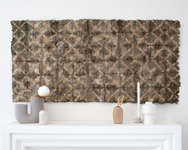 Naturally dyed Madagascar wild silk wall hanging, handmade fair trade ethically sourced, 30"x60" or 1 meter x 3 meters, large statement piece wall hanging, wall art, batik dyed, sage silver green grey gray