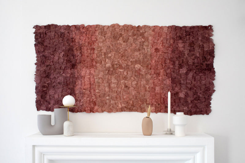 Handmade burgundy and rose gradient Madagascar wild silk wall art wall hanging 30"x60"
