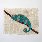 Madagascar chameleon wall art made from sustainably harvested mulberry silk cocoons. Handmade fair trade certified home decor. 12"x16"