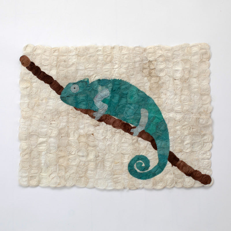 Madagascar chameleon wall art made from sustainably harvested mulberry silk cocoons. Handmade fair trade certified home decor. 12"x16"