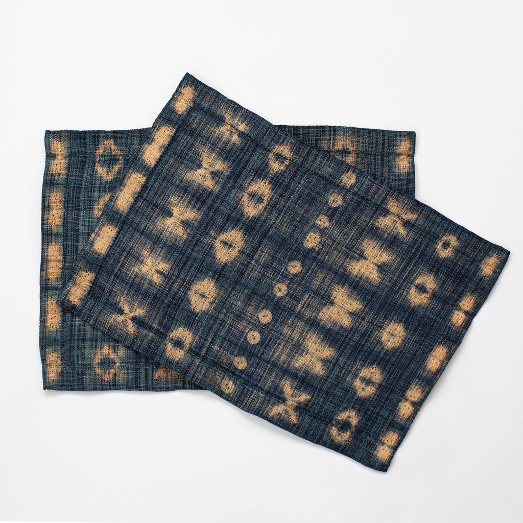 Ethically sourced fair trade Madagascar raffia placemats (set of two) indigo blue and tan linen colored rectangular batik dyed home decor modern rustic table linens