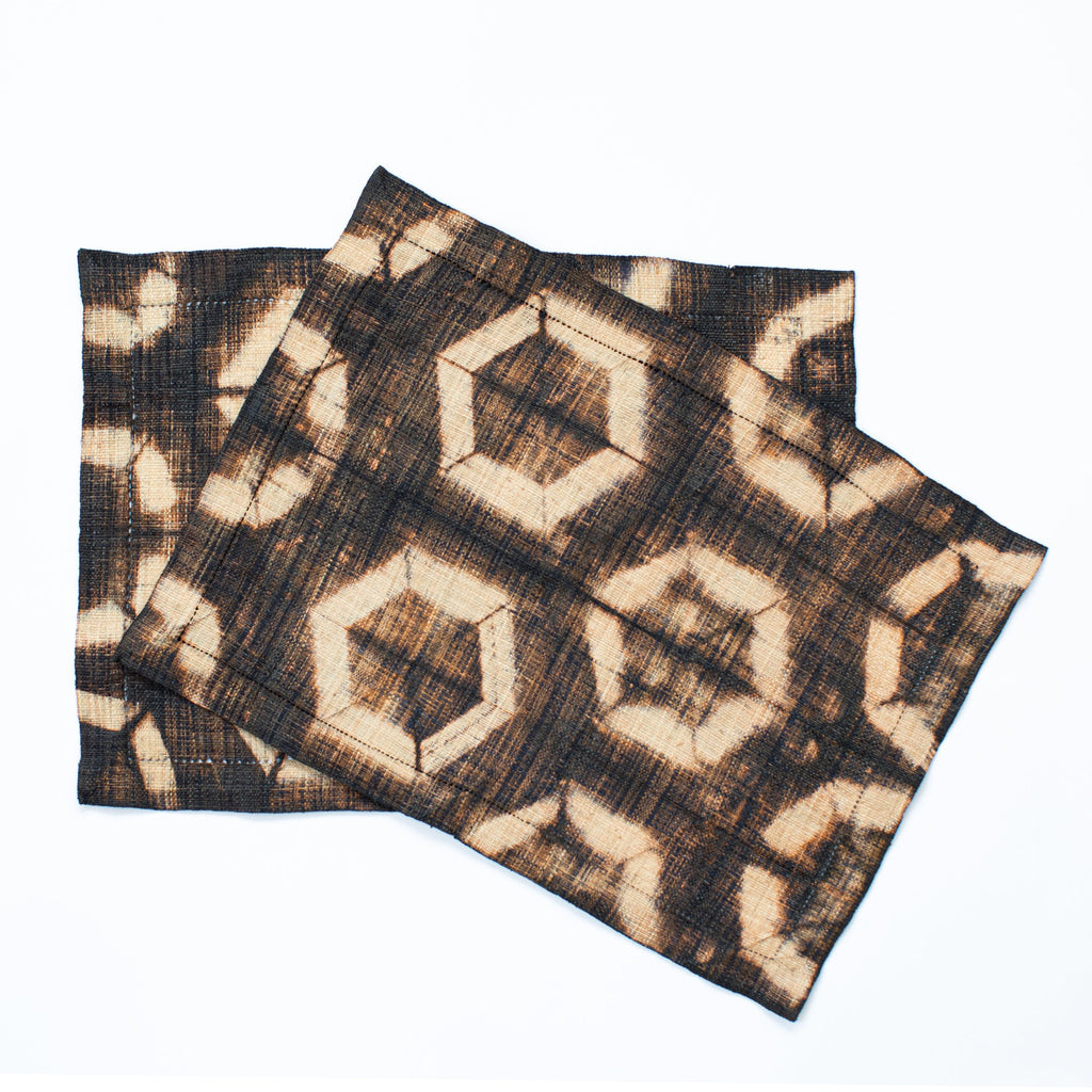 Ethically sourced fair trade environmentally friendly Madagascar raffia rectangular placemats (set of two) dark chocolate brown black and tan colored batik dyed table linens home decor modern rustic