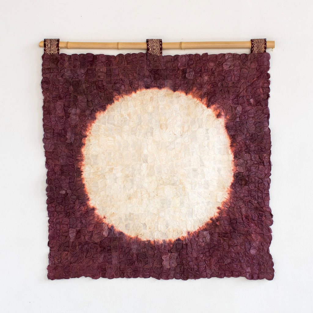 Ethically made fair trade handmade Madagascar wild silk Blood Moon wall hanging wall art in burgundy wine deep red and ivory white rustic modern home decor 18"x18" or 24"x24"