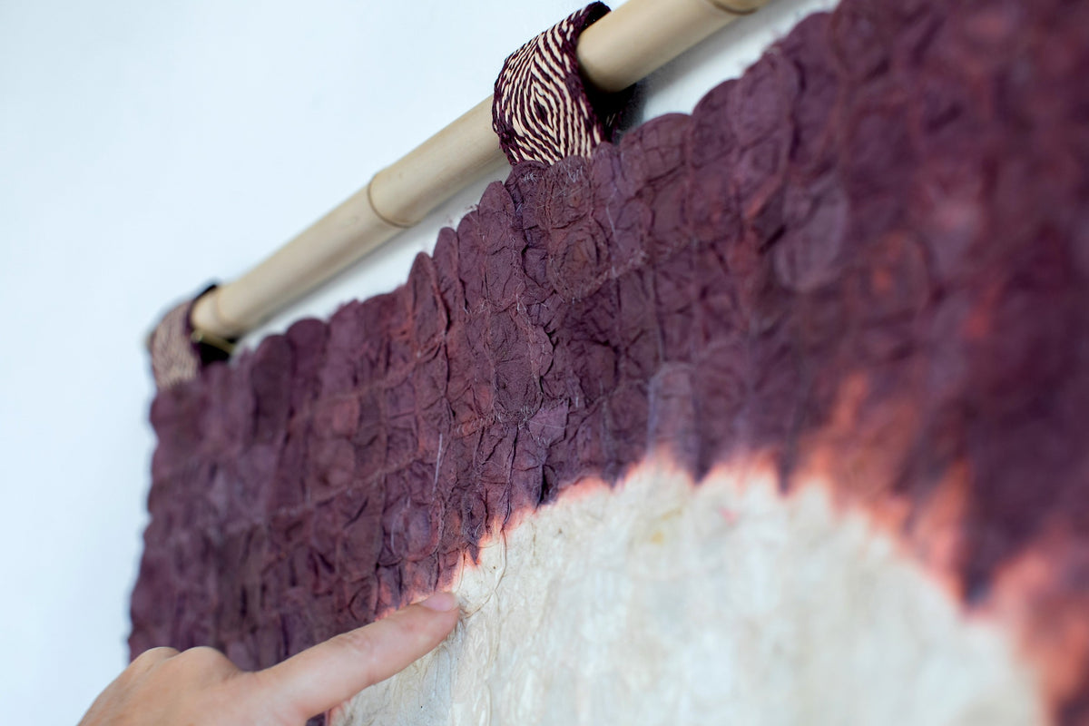 Ethically made fair trade handmade Madagascar wild silk Blood Moon wall hanging wall art in burgundy wine deep red and ivory white rustic modern home decor 18"x18" or 24"x24"