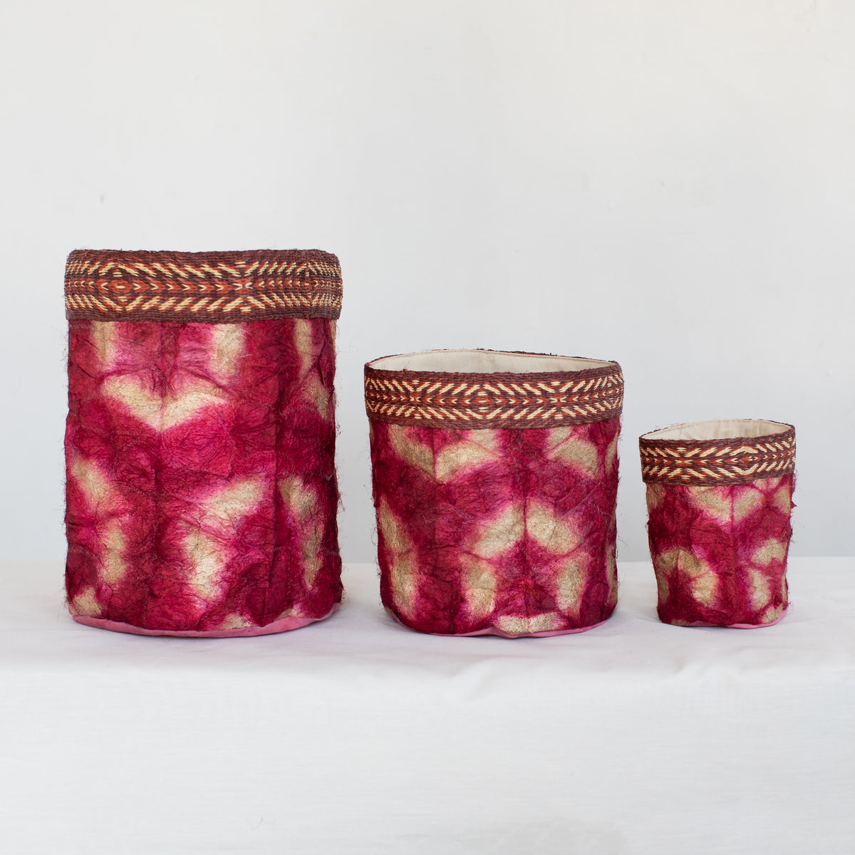 Wild Silk Shibori Baskets - Turtle Pattern - Ruby & Natural