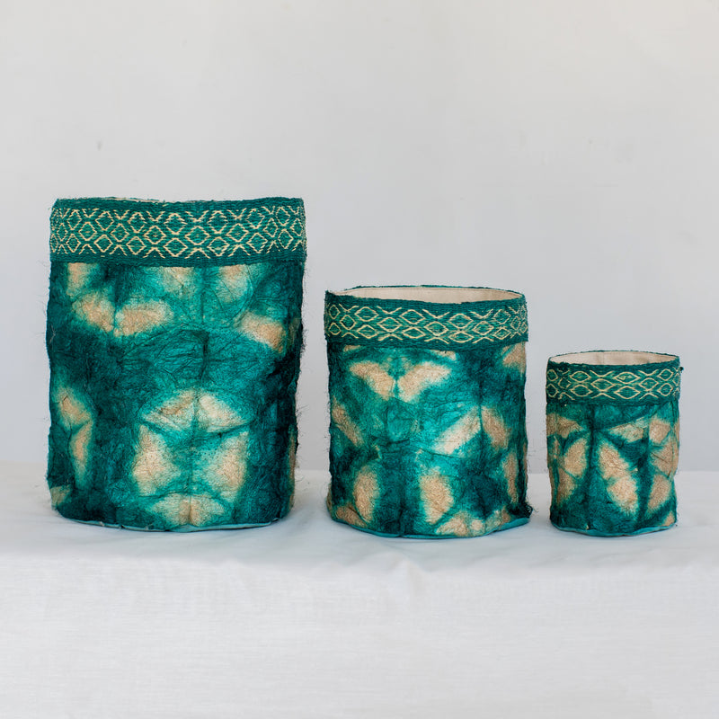 Wild Silk Shibori Baskets - Turtle Pattern - Emerald & Natural