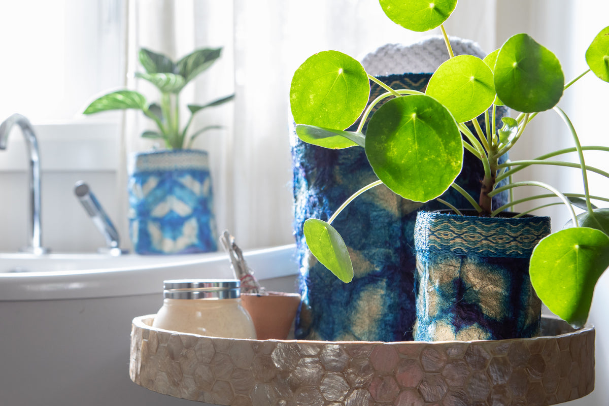 Paniers Shibori en Soie Sauvage - Motif Tortue - Saphir &amp; Naturel