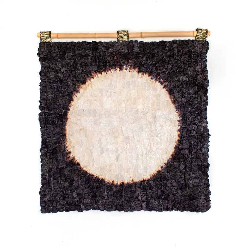 Ethically made fair trade Madagascar wild silk black and white moon sun wall art wall hanging home decor with bamboo hanging  rod