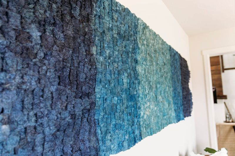 Large shimmery blue gradient Madagascar silk wall hanging 30"x60" or 1 meter x 3 meters, handmade fair trade ethically made wall decor wall art wall hanging tapestry